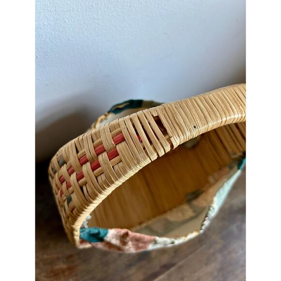 Vintage Rattan and Barkcloth Top Handle Purse | 70's Purse Handbag - Picture 7 of 9